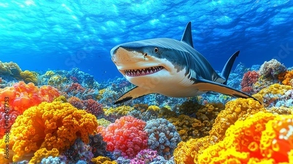 Fototapeta big shark in ocean waters, underwater colorful world with predator, made with Generative AI , isolated on white background,  , copy space, copy space for text,