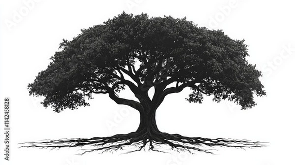 Fototapeta Black tree of life spreading roots and branches , isolated on white background,  , copy space, copy space for text,