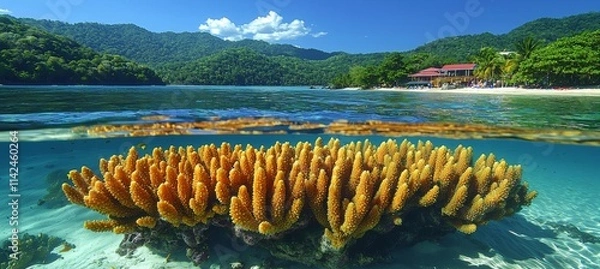 Fototapeta Beautifiul underwater colorful coral reef at Caribbean Sea at Honeymoon Beach on St. Thomas,Roatan in Honduras , isolated on white background,  , copy space, copy space for text,