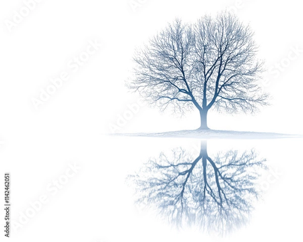 Fototapeta Lonely tree reflecting on a still water surface, peaceful and serene atmosphere.
