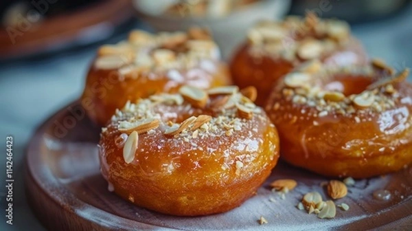 Fototapeta golden donuts coated in glossy chocolate glaze and sprinkled with toasted almond flakes,