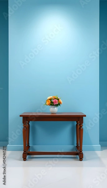 Fototapeta sky blue wall and an empty table, enhance. isolated with white highlights