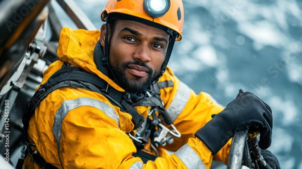 Fototapeta maintenance worker in yellow waterproof suit and helmet smiles while working on offshore wind turbine