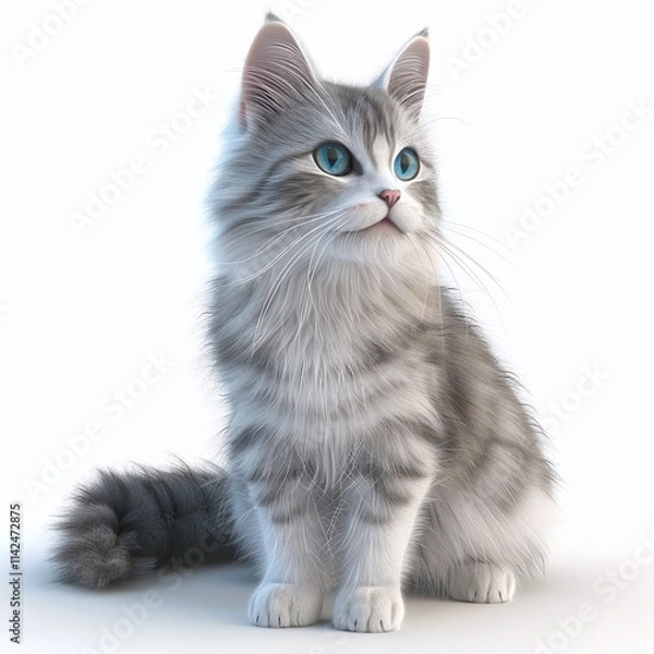 Fototapeta Adorable gray and white kitten with bright eyes sitting and looking up on a clean white background.