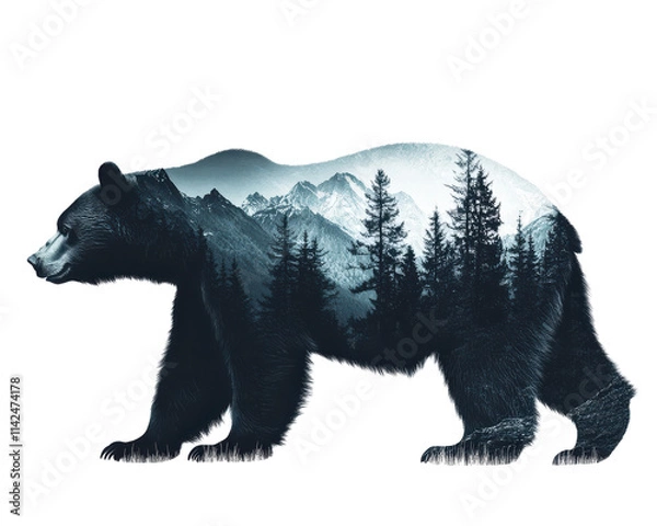 Fototapeta Bear silhouette with a scenic mountain landscape inside, isolated on white background.
