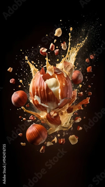 Fototapeta Explosive food action nuts and caramel splatter dark background high-quality photography creative concept
