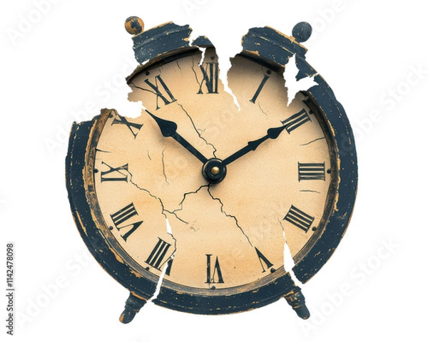 Obraz Old broken alarm clock with cracks, vintage style on white isolated background.
