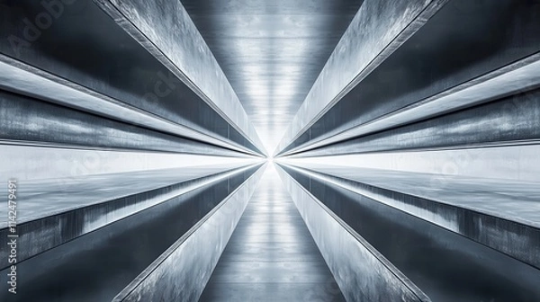 Fototapeta A striking perspective view of metallic beams converging towards a bright center, creating a sense of depth and modernity.