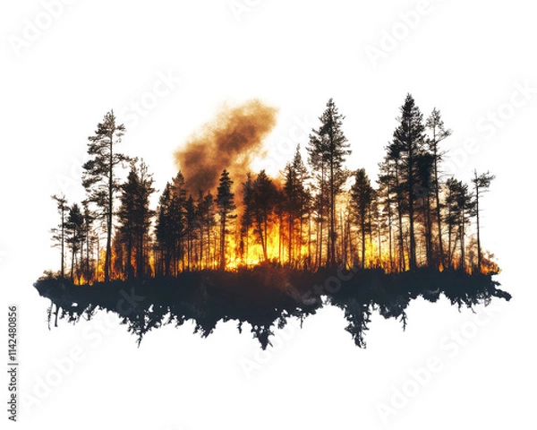 Obraz Forest fire with silhouette trees and smoke, isolated on white background