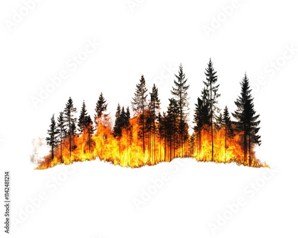 Obraz Forest fire with flames and burnt trees on a white isolated background.