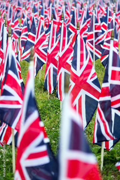 Fototapeta British United Kingdom UK Flags in a row with front focus and the further away symbols blurry with bokeh. The flags were set up on Memorial Day in DC.