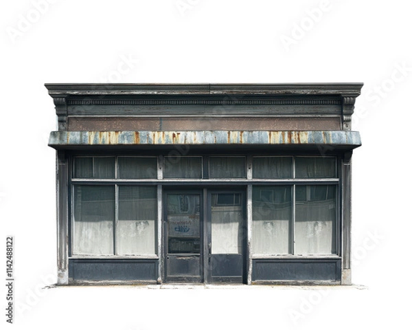 Fototapeta Abandoned storefront, weathered facade, empty windows, white isolated background