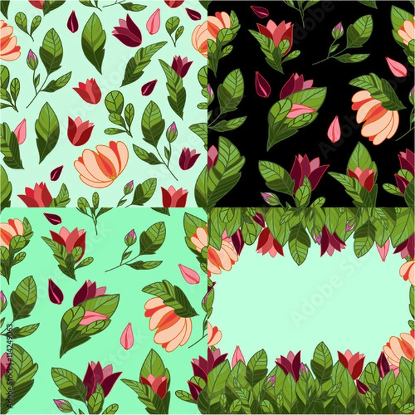 Obraz Set of 3 seamless floral patterns and a postcard