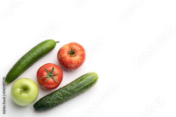 Fototapeta Collection of Fresh Fruits and Vegetables Including Cucumbers, Apples, and Tomato Positioned Left Side on White Background with Copy Space