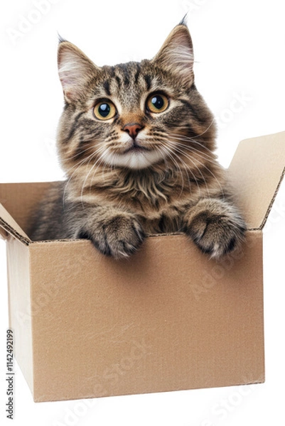 Fototapeta A fluffy cat with wide eyes peeks out from a cardboard box, displaying curiosity and playfulness on white background , cut out.	
