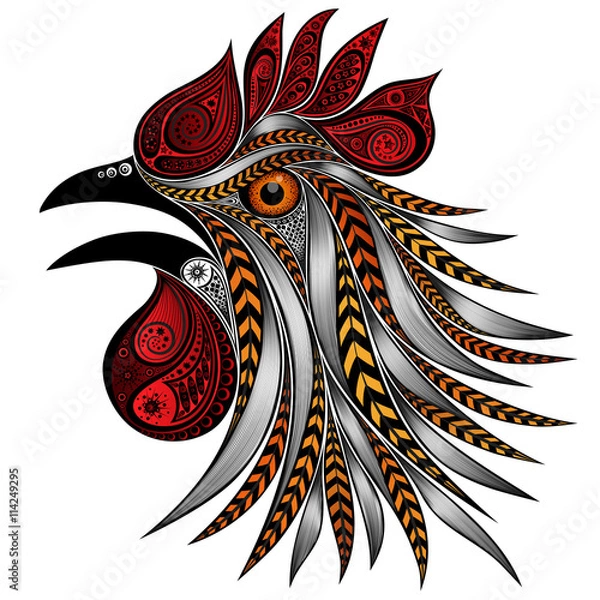 Fototapeta Screaming rooster patterns. Festive rooster with colorful feathers for the New year 2017