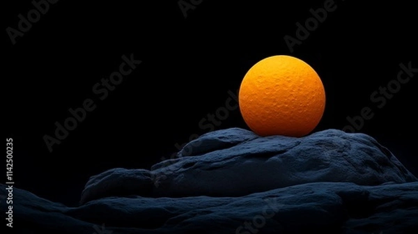 Fototapeta Solitary Sphere: An orange sphere rests atop a dark, textured rock, illuminated against a stark black background.  The image evokes a sense of mystery and contemplation. 