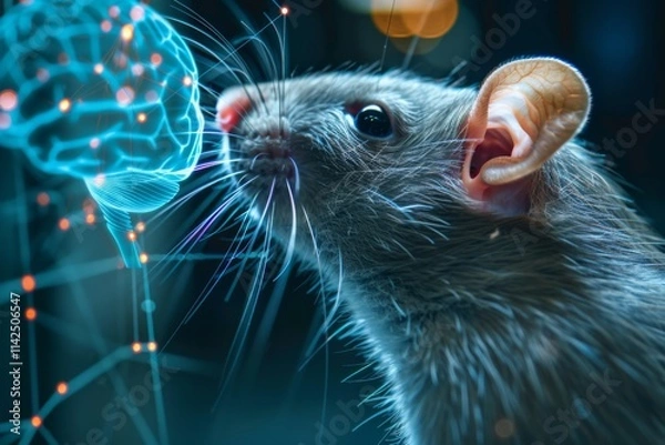 Fototapeta Digital Rendering of a Lab Rat Investigating a Stylized Brain, Showcasing Scientific Innovation and Research in a Modern Laboratory Environment