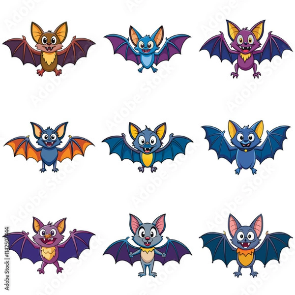 Fototapeta Set of cartoon Halloween bats. Collection set. Design for Halloween party decoration. Vector illustration. Trick or Treat Concept. Illustration isolated on background.