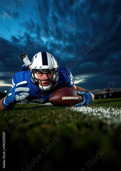Fototapeta Football player dives for the ball under a dramatic sky at dusk during a game practice