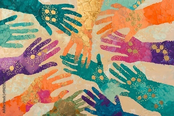 Fototapeta A vivid painting with colorful handprints overlapping