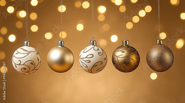 Obraz gold, copper, rose gold, christmas ornaments against glowing bokeh background