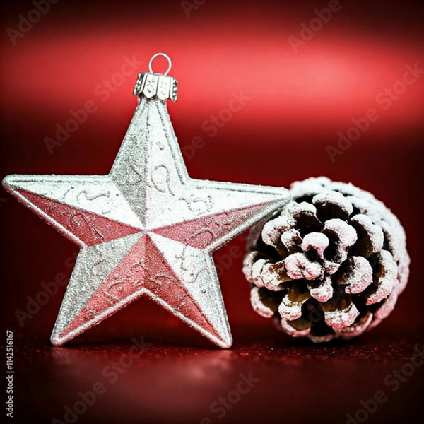 Obraz silver christmas star ornament and frosted pine cone on red festive background