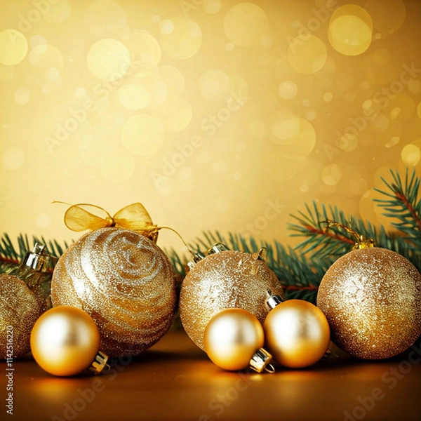 Obraz gold christmas ornaments and pine branches with glowing bokeh background