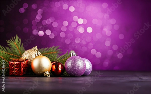 Obraz christmas ornaments and gift box with purple bokeh lights background