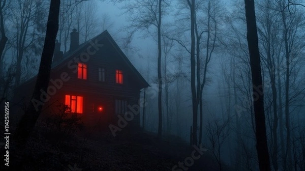 Fototapeta Spooky House in Foggy Forest with Red Windows at Nighttime