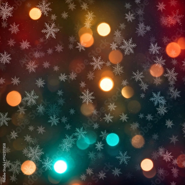 Obraz colorful bokeh lights with falling snowflakes on festive dark background