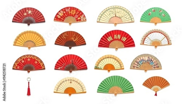 Fototapeta Chinese Fan Icon Set - Set Of Tuanshan With Art Flowers - Gongshan - Bian Mian - Reuni Fan - Traditional Hand Fan