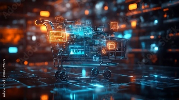 Fototapeta Digital shopping cart visualization virtual space technology concept