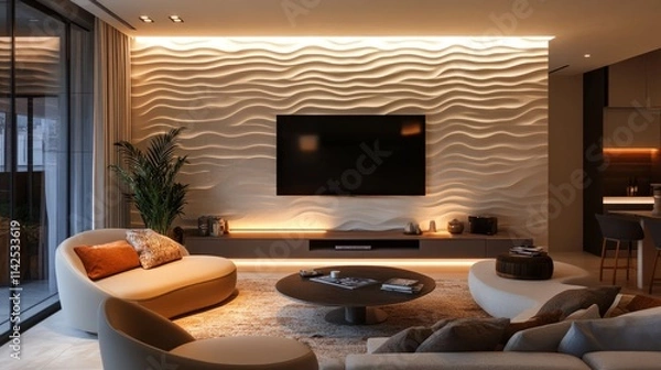 Fototapeta A modern living room with a sleek flat-screen TV mounted on a textured wall, ambient lighting illuminating soft curved furniture, and a cozy area rug in a contemporary setting.