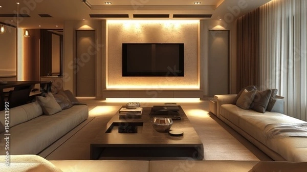 Fototapeta Clean-lined living room with a TV wall surrounded by ambient light strips, soft-edged coffee tables, and plush seating in neutral tones.
