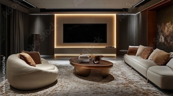 Fototapeta Sleek living room design with a TV framed by soft lighting, curved furniture pieces, and a central coffee table on a textured area rug
