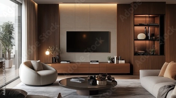 Fototapeta Sophisticated living room featuring a clean-lined TV console, ambient light sources, soft curved chairs, and contemporary decor elements.