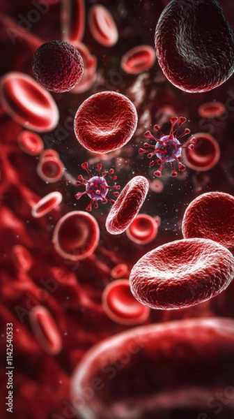 Obraz Red blood cells and viruses in dynamic bloodstream environment