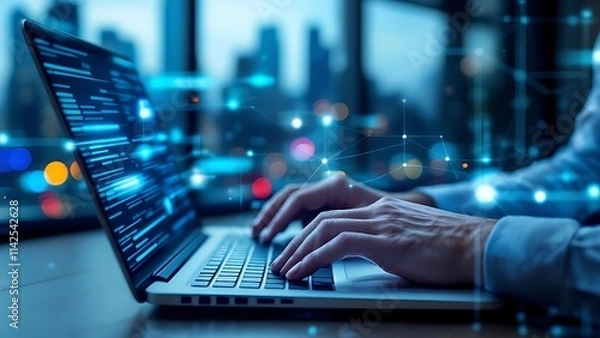Fototapeta Digital technology, internet network connection, big data, digital marketing IoT internet of things. Man using modern computer surfing internet futuristic innovative technology background