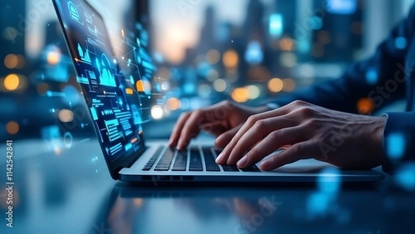 Obraz Digital technology, internet network connection, big data, digital marketing IoT internet of things. Man using modern computer surfing internet futuristic innovative technology background