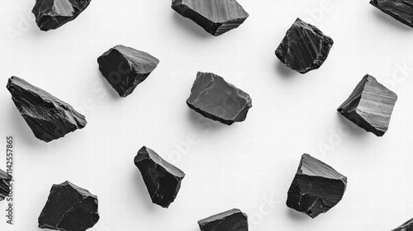 Fototapeta Abstract Arrangement of Black Rocks with Varied Textures on White Background
