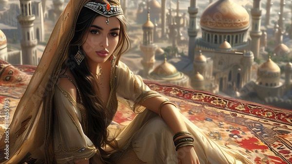 Fototapeta The princess is flying on a magic carpet, the fairy tale of the magic lamp of Aladdin