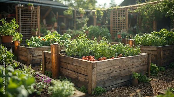 Obraz Rustic kitchen garden with antique copper watering cans raised beds filled with rich soil and heirloom vegetable planters featuring a closeup of handcarved wooden trellises