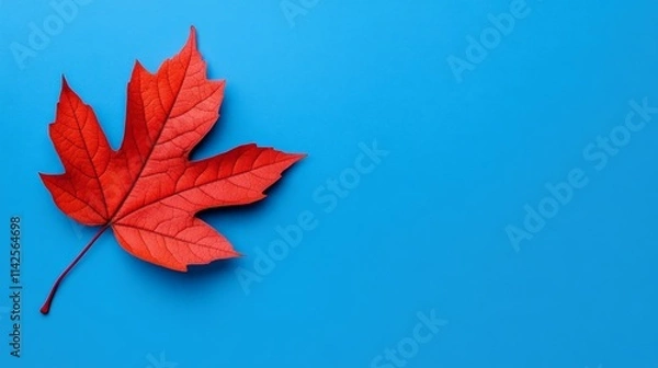 Fototapeta Red Maple Leaf on Blue: A single, vibrant red maple leaf rests on a crisp blue background,  evoking a sense of autumn tranquility and the beauty of nature's simple wonders.   