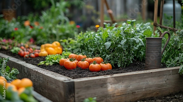 Obraz Raised garden beds full of dark soil heirloom vegetables with antique watering cans resting on compost piles and a closeup of handwrought trellises