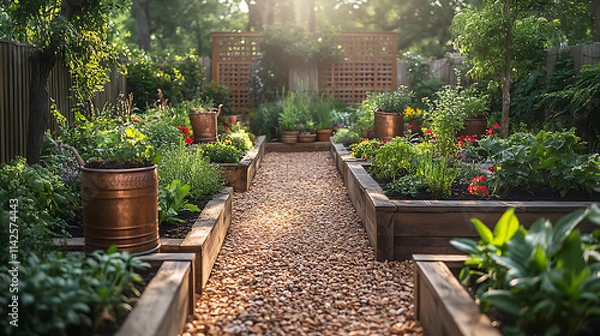Obraz Sunlit garden featuring antique copper watering cans and stone planters with compostrich soil and handcarved wooden trellises supporting vegetables