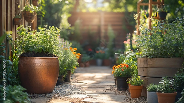Obraz Sunlit garden with antique copper planters filled with herbs and soil vintage watering cans and wooden trellises supporting climbing vegetables and vines