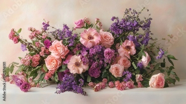 Fototapeta Elegant arrangement of pink and purple flowers with lush greenery