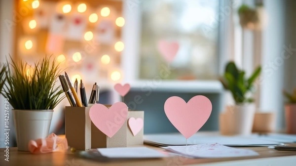 Fototapeta Romantic Workspace with Paper Hearts and Soft Lighting Decor