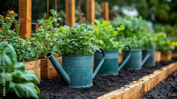 Obraz Closeup of antique bronze watering cans beside raised beds soil vintage trellises supporting heirloom vegetables and wooden planters filled with herbs